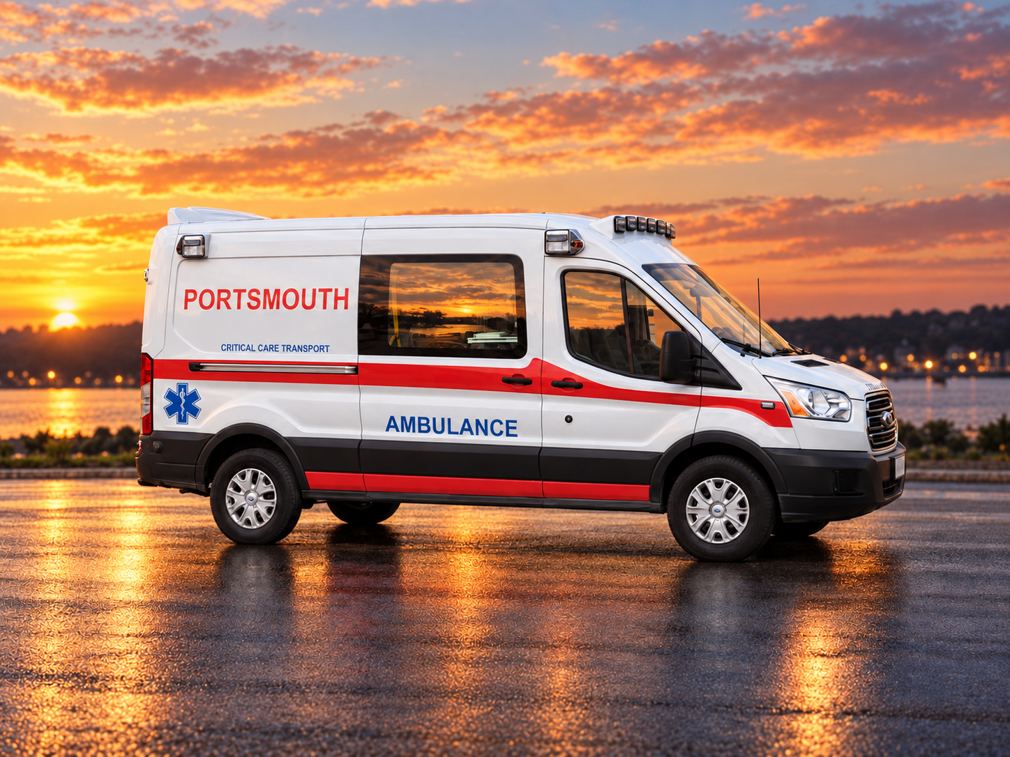 Portsmouth Ambulance’s modern white and red ambulance against a warm sunset